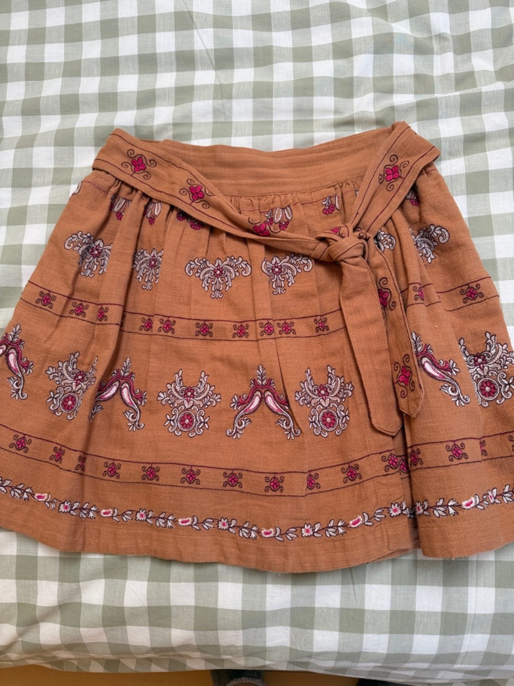 Anthropologie Rust Mini Skirt with Pink & Cream Embroidery